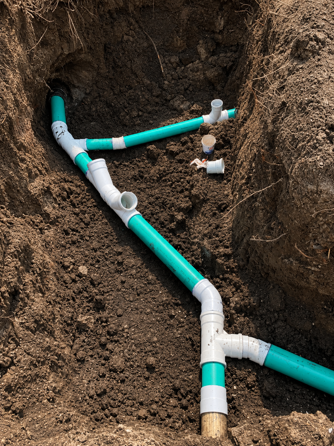Green PVC sewer line fittings installed in a trench