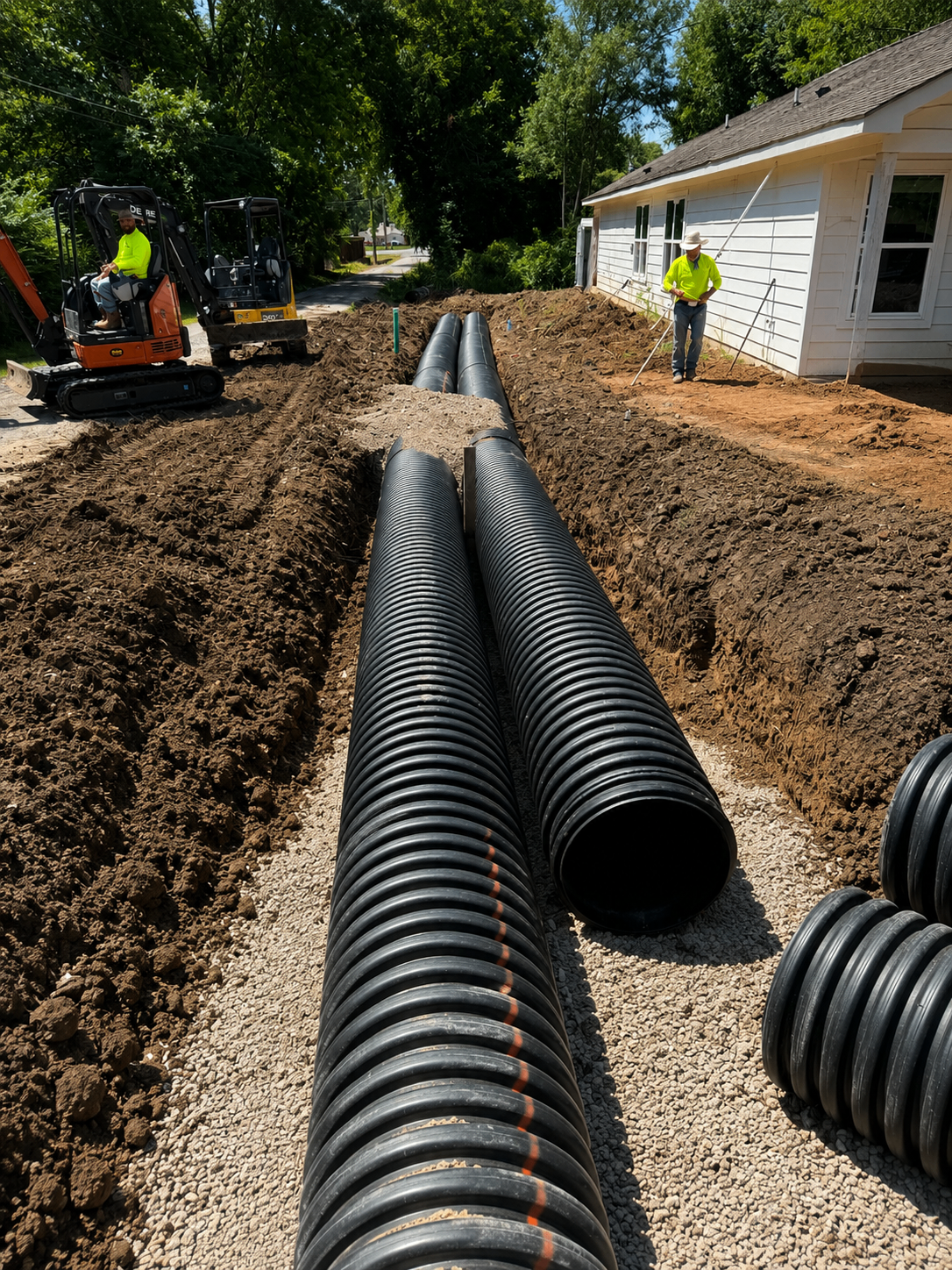 Large diameter HDPE storm drainage pipe installation