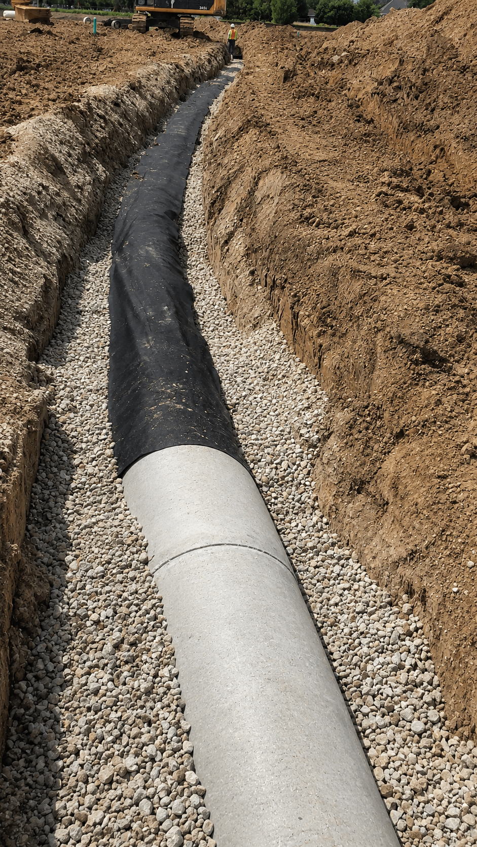 Concrete storm drainage pipe bedded in gravel trench