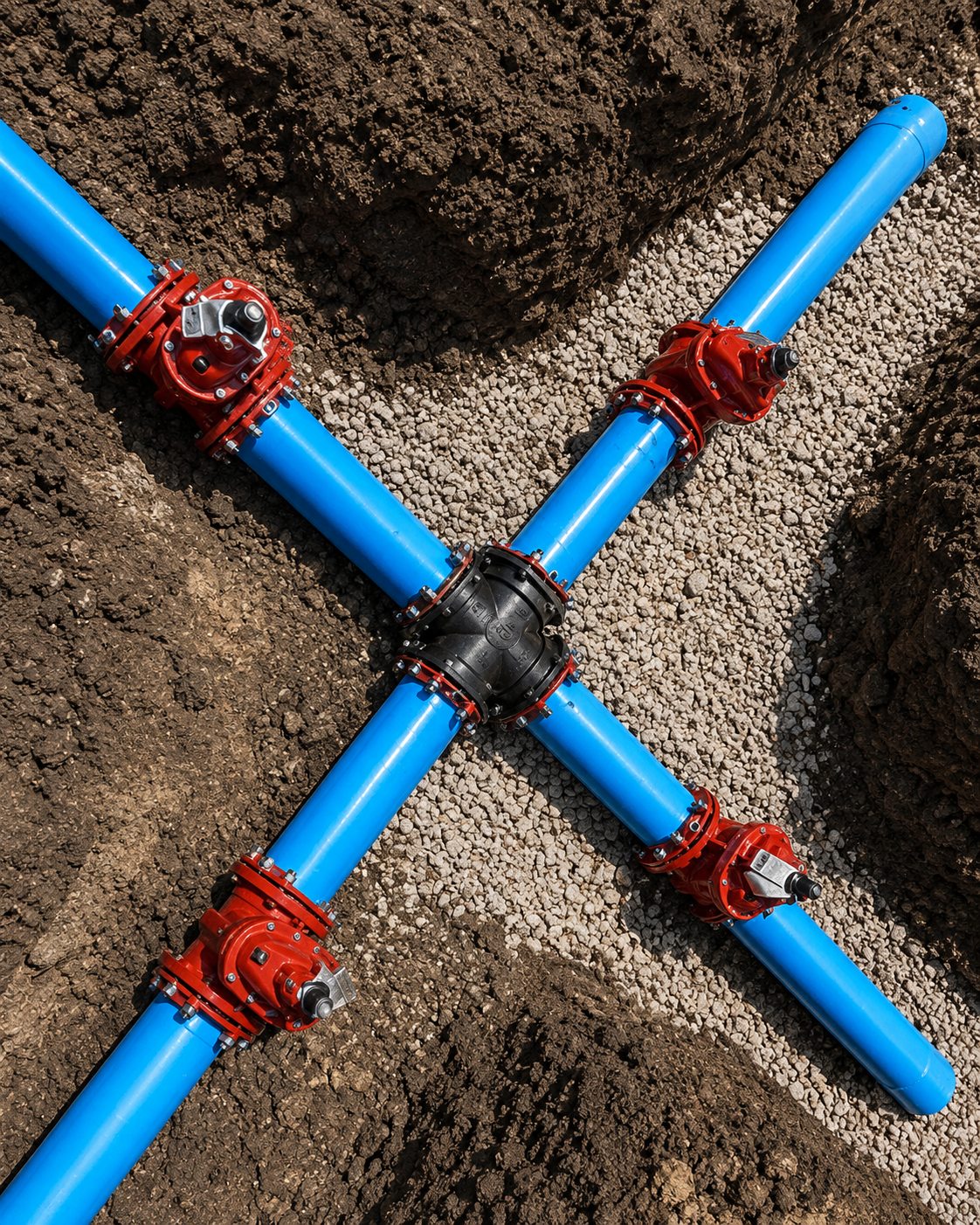 C900 blue PVC water main pipe installed in an excavated trench